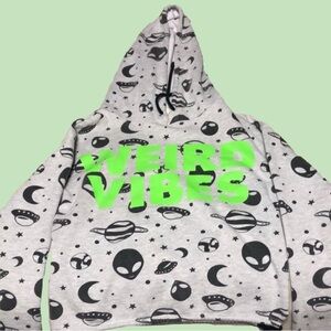 Women’s Weird Vibes Space Cropped Alien Hoodie -Gray, Black, Green #2010s